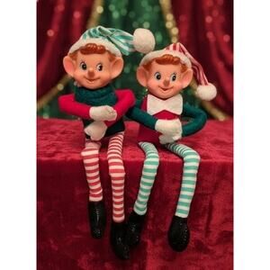 Lot 2 Vintage Christmas Pixie Elf Knee Hugger Green & Red Striped